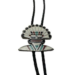 Vintage Cloisonne Inlay Face Bolo Tie Braided Leather Cord Enameled